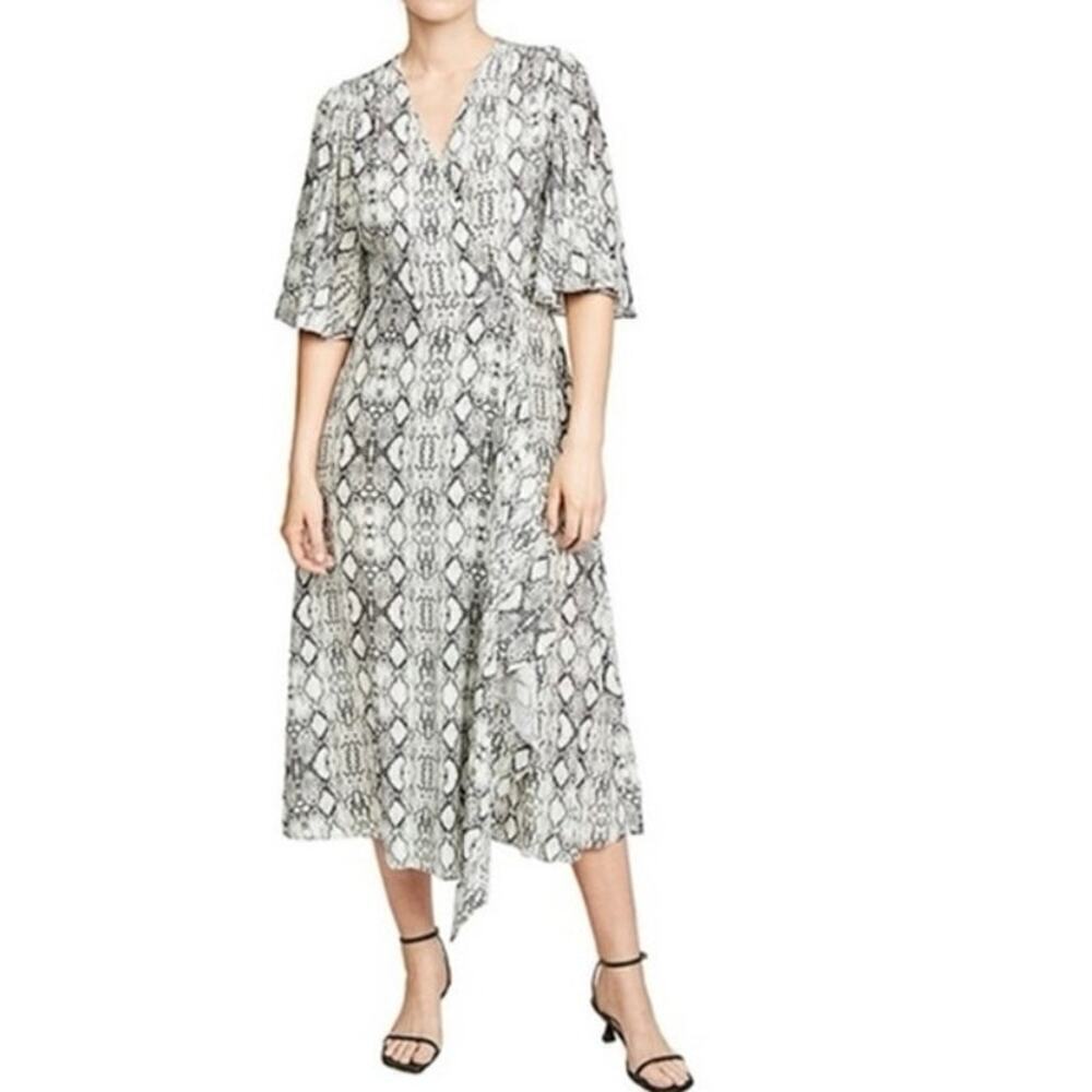 LES REVERIES Beige Python Snake Skin Print Wrap Flutter Sleeve Silk Dress - Sz 0